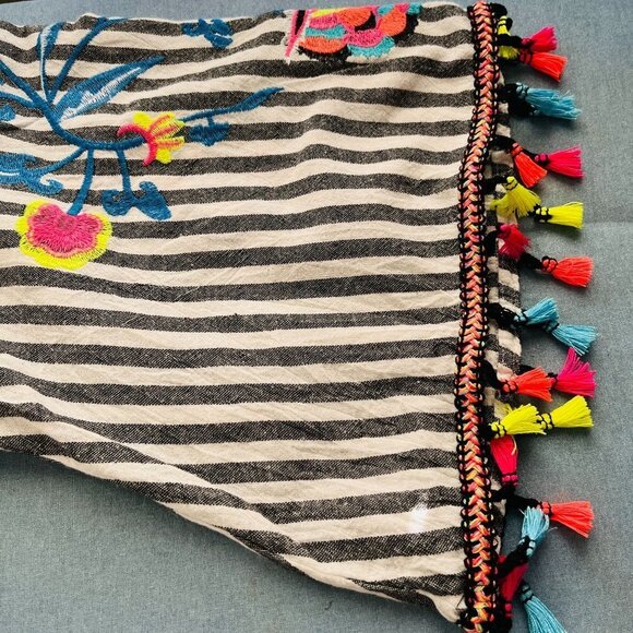 See And Be Seen Black Stripe Blouse Size M Off The Shoulder Embroidery Fringe - Picture 11 of 11